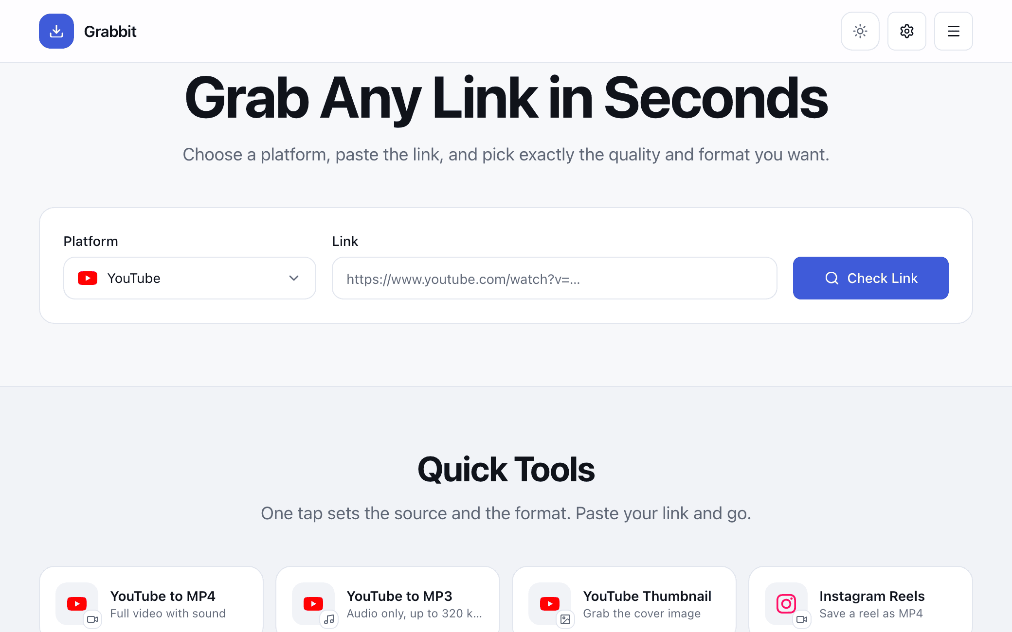 Grabbit home screen with the platform picker and link field