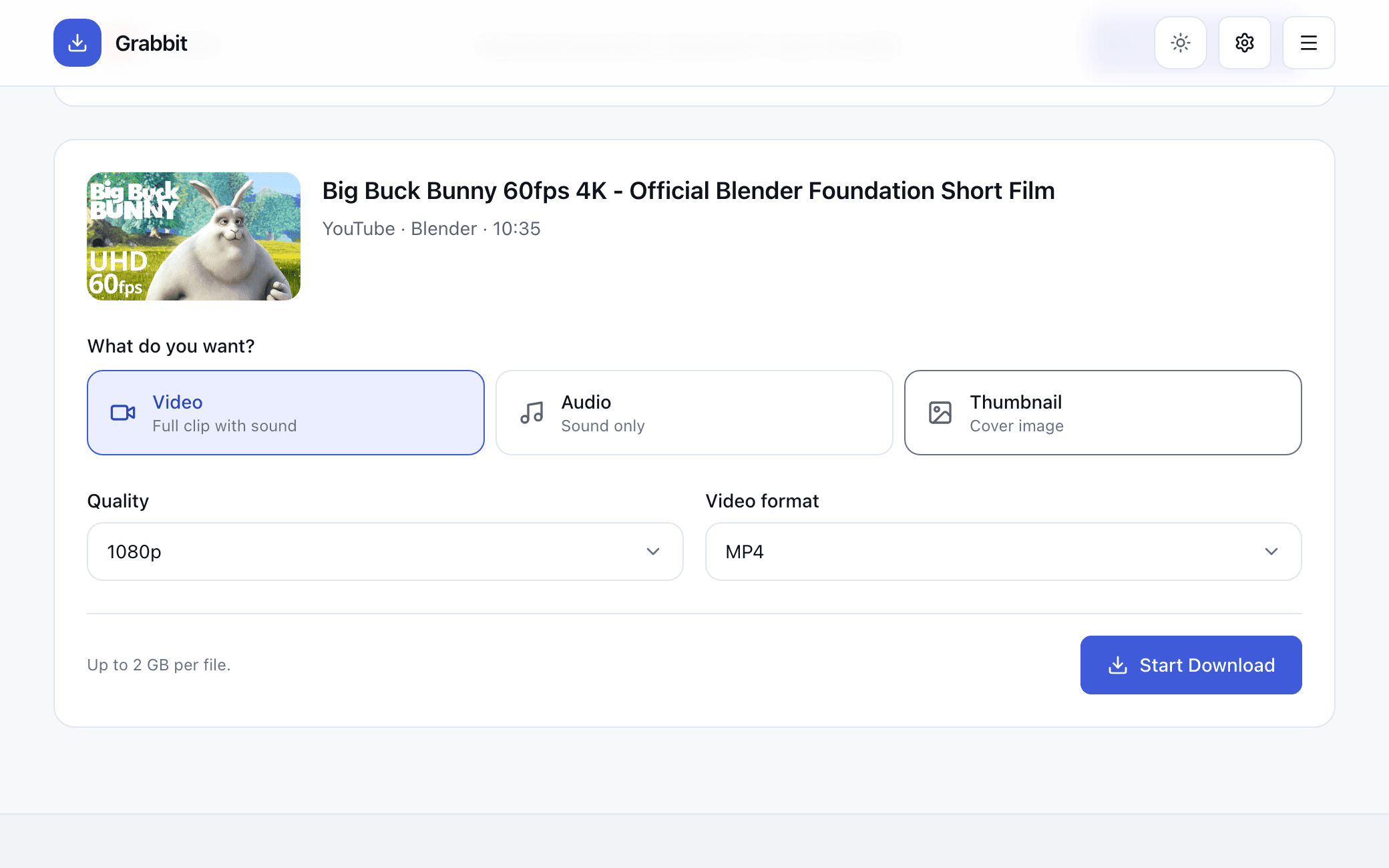 Grabbit showing media type, quality and format options for a checked link