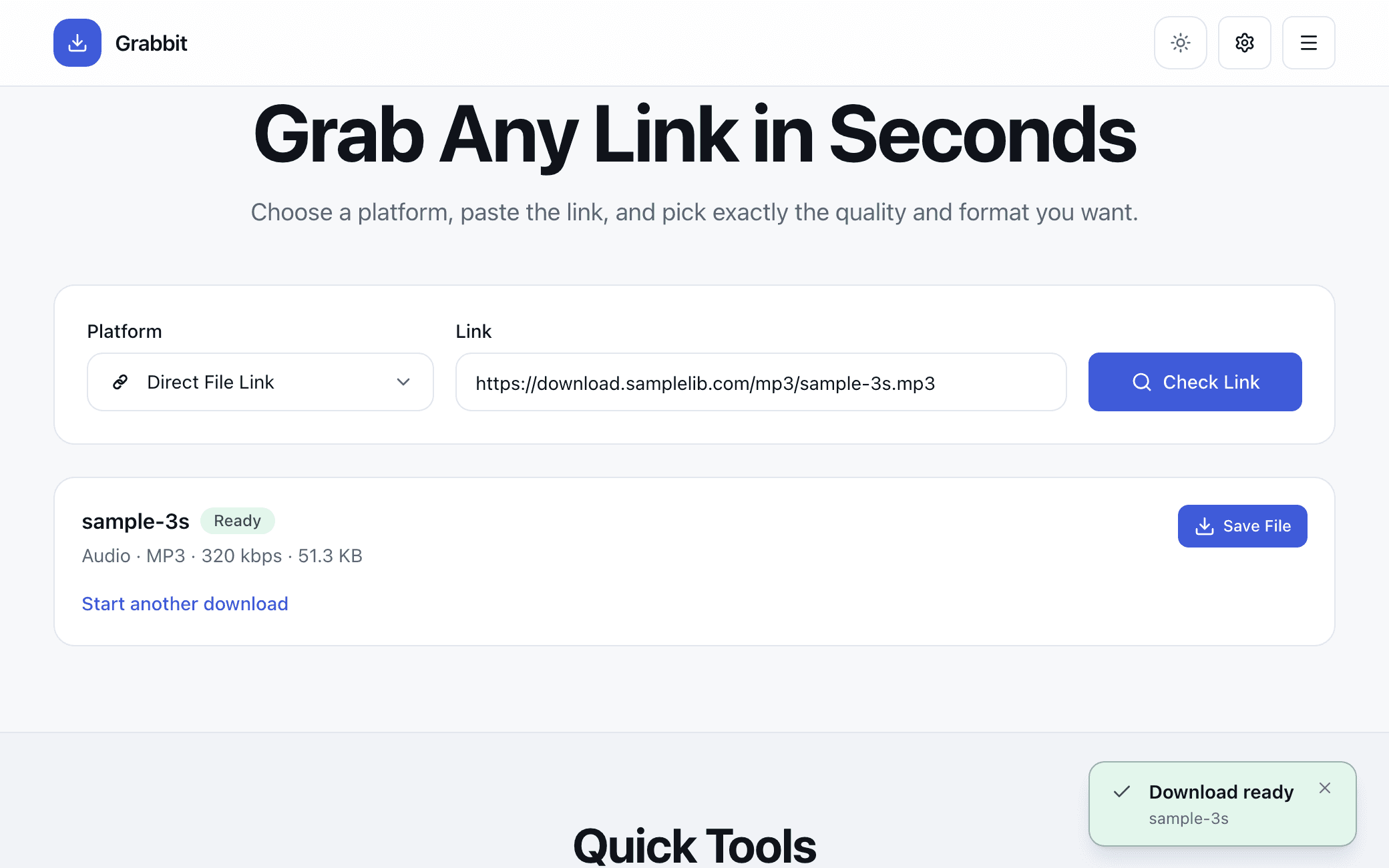 Grabbit showing a finished download with a save button
